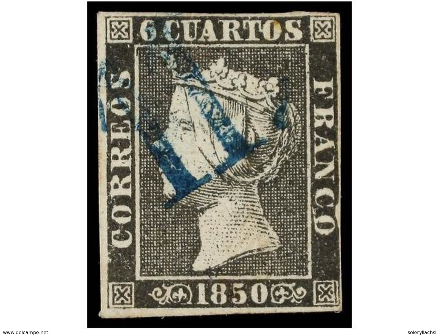 54 ° ESPAÑA. Ed.1A. <B>6 Cuartos</B> Negro, Pl. II, Mat.<B> '11'</B> De ZARAGOZA En Azul. MAGNÍFICO. - Andere & Zonder Classificatie