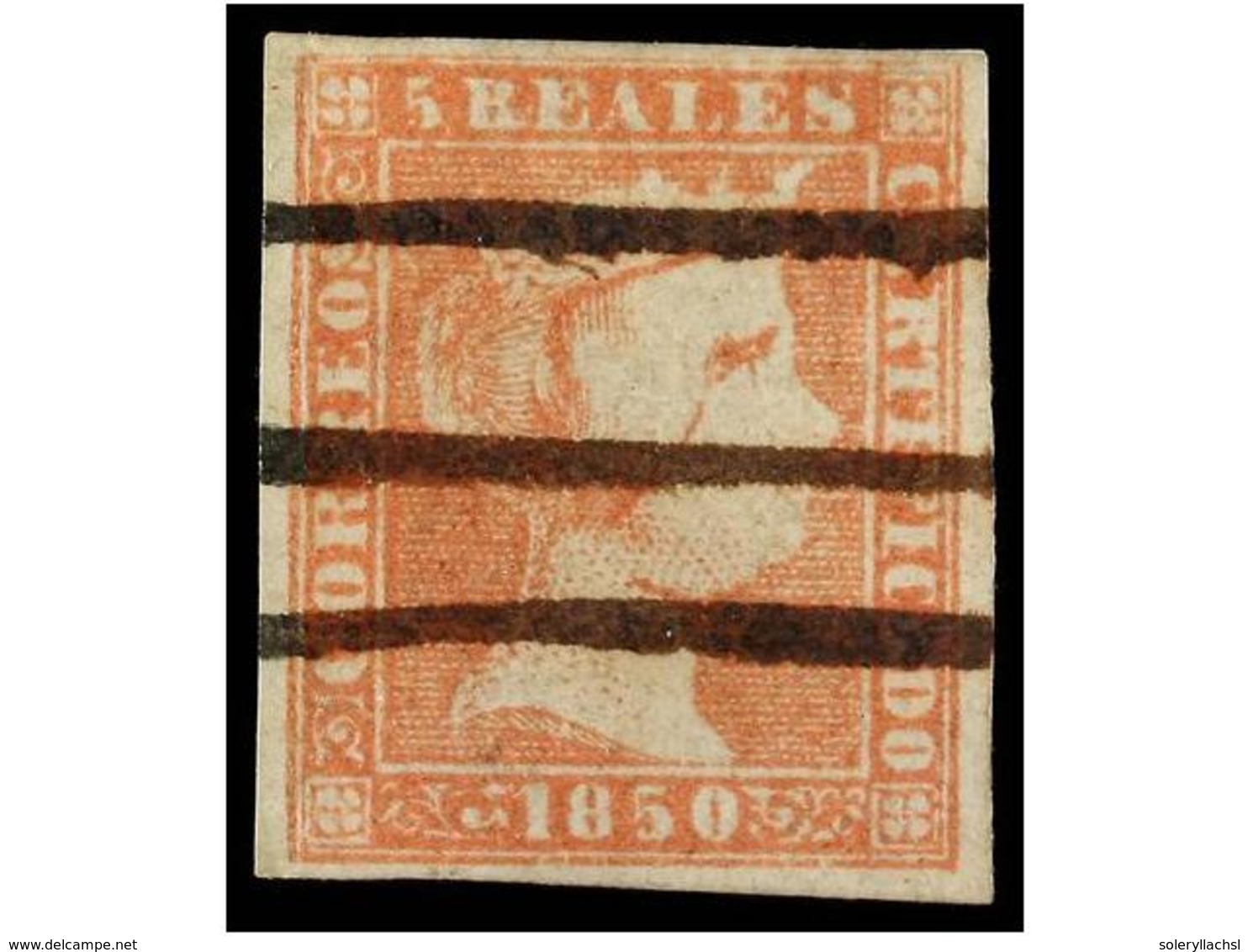 64 ° ESPAÑA. Ed.3. <B>5 Reales</B> Rojo, Mat. <B>BARRAS PARALELAS</B> En Tinta De Escribir. Cat. 405?. - Autres & Non Classés