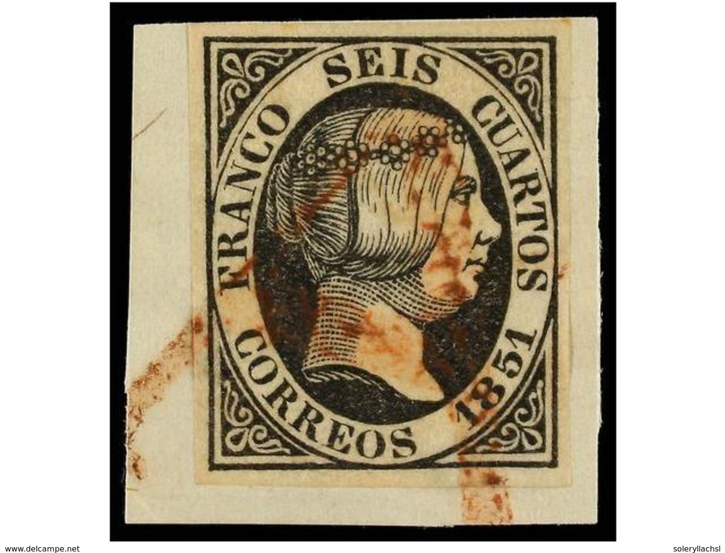 81 ESPAÑA. Ed.6. <B>6 Cuartos</B> Negro Sobre Pequeño Fragmento, Mat.<B> 'A' </B>de CÁCERES En Rojo. RARÍSMO. Cert. GRAU - Autres & Non Classés