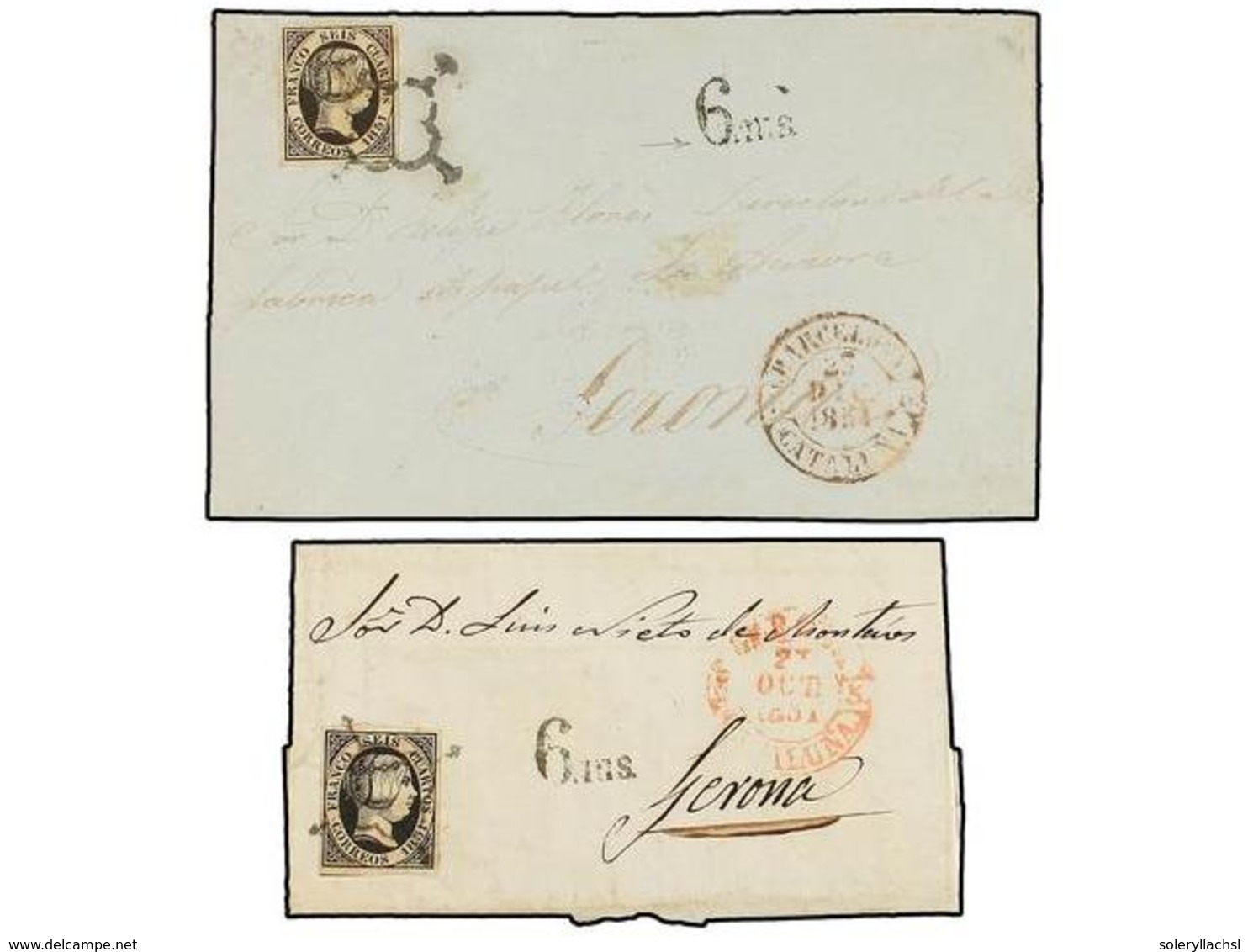 89 ESPAÑA. Ed.6 (2). 1851. Carta Y Frontal De BARCELONA A GERONA Y De PALAFRUGELL A GERONA Con Sellos De <B>6 Cuartos</B - Autres & Non Classés