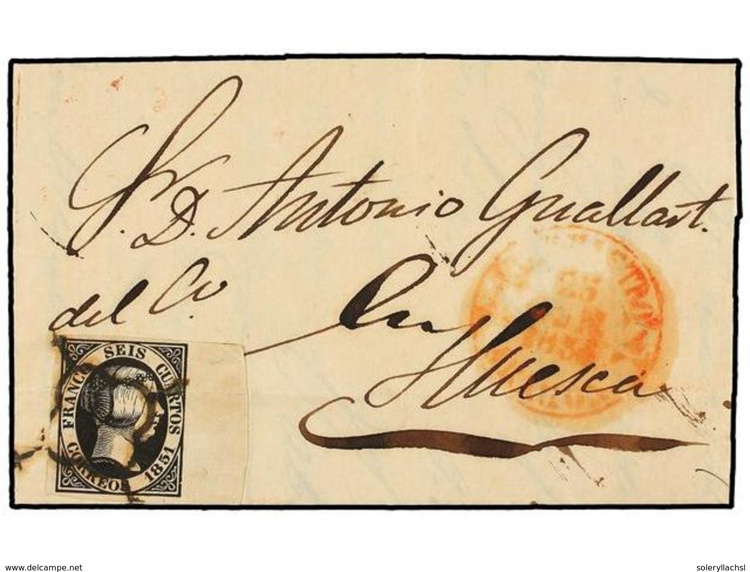 91 ESPAÑA. Ed.6. 1851. BARBASTRO A HUESCA. <B>6 Cuartos</B> Negro, Borde De Hoja Por La Derecha, Mat. <B>ARAÑA</B>. Plie - Autres & Non Classés