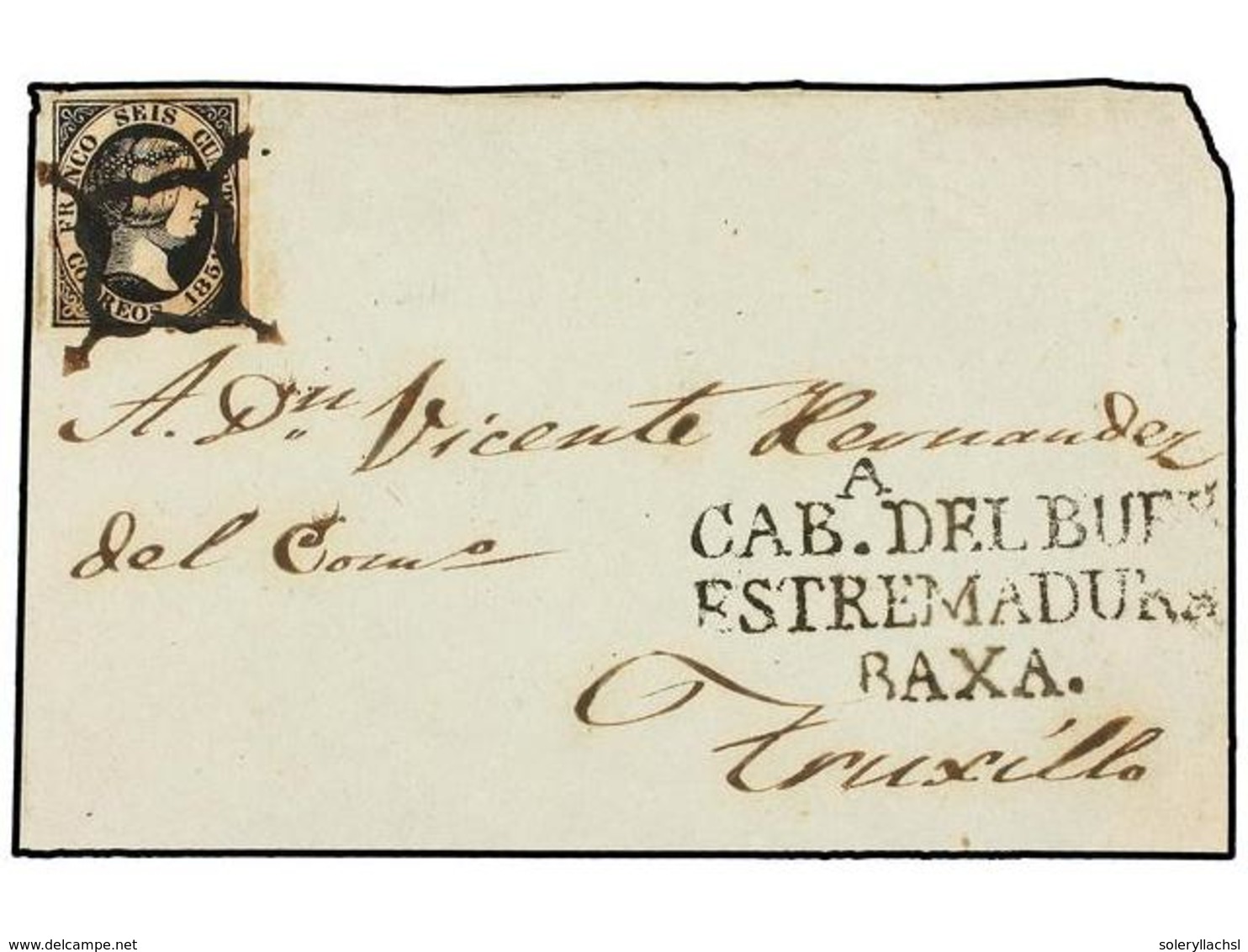 106 ESPAÑA. Ed.6. 1851. FRONTAL, Circulado A TRUJILLO. <B>6 Cuartos</B> Negro, Marca Prefilatélica<B> CABa. DEL BUEY/EST - Autres & Non Classés