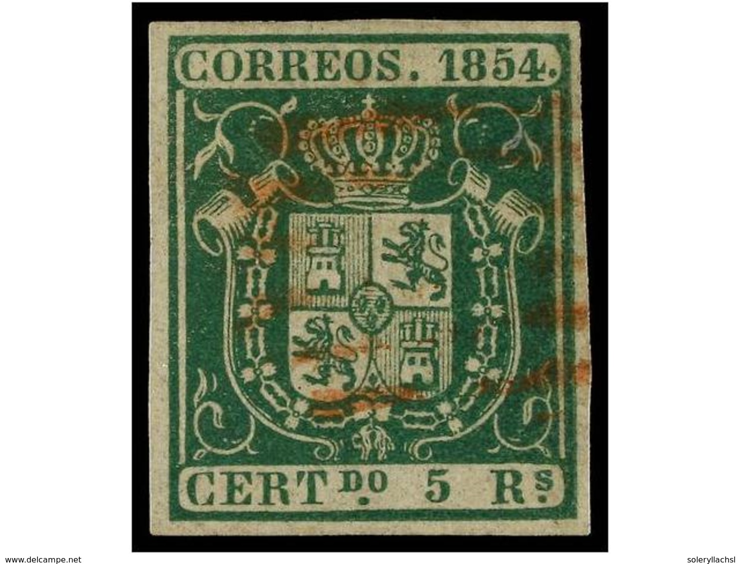 169 ° ESPAÑA. Ed.26. <B>5 Reales</B> Verde, Mat. <B>PARRILLA ROJA. </B>PIEZA DE LUJO. Cert. COMEX. Cat. 685?. - Autres & Non Classés