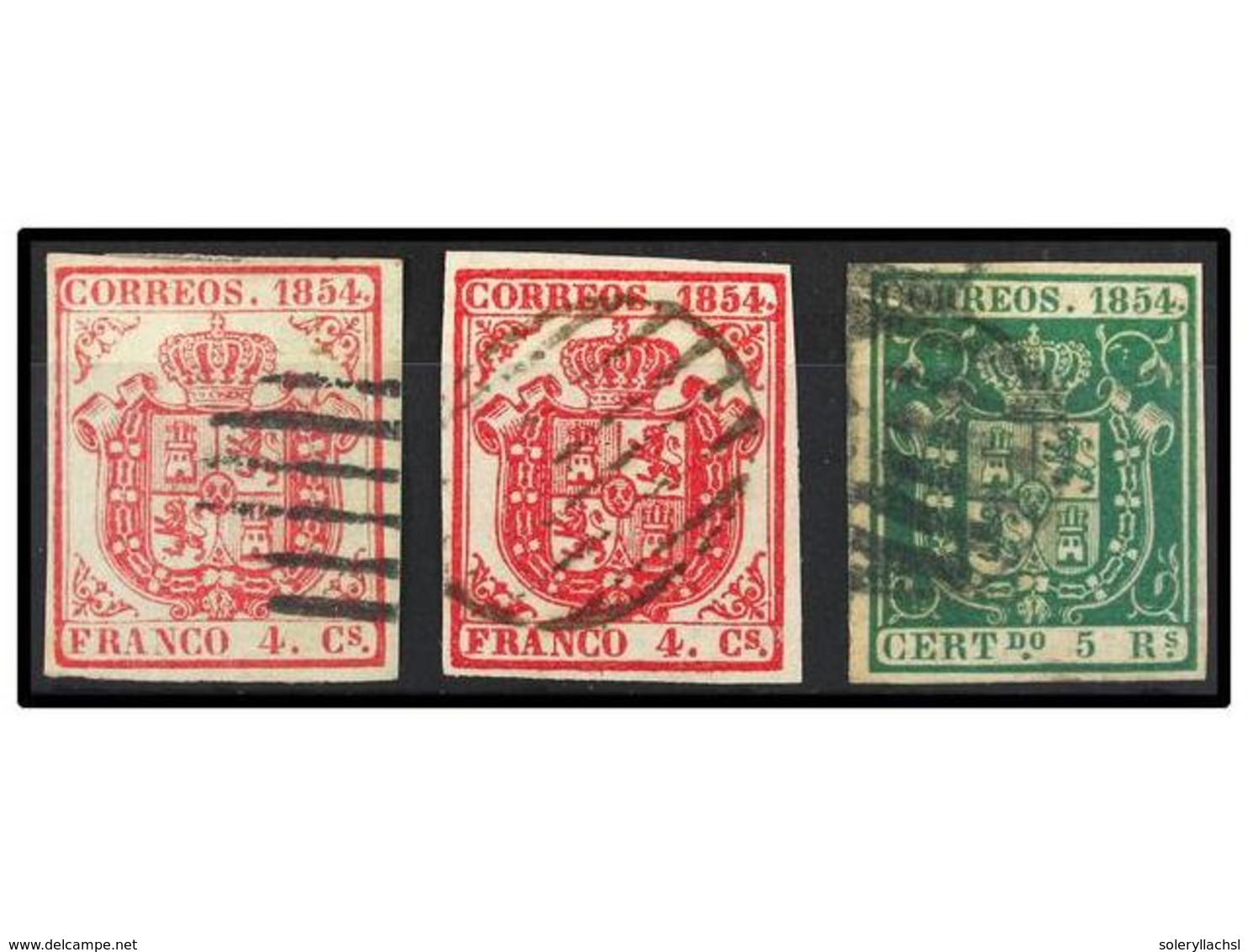 170 ° ESPAÑA. Ed.26, 33, 33A. <B>4 Cuartos</B> Rojo (2) Y <B>5 Reales</B> Verde. Bonitos Ejemplares. - Autres & Non Classés