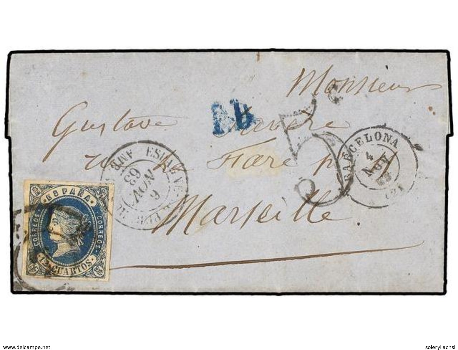 208 ESPAÑA. Ed.59F. 1863. BARCELONA A FRANCIA. <B>12 Cuartos</B> Azul<B> FALSO POSTAL. </B>MAGNÍFICA Y RARA. - Autres & Non Classés