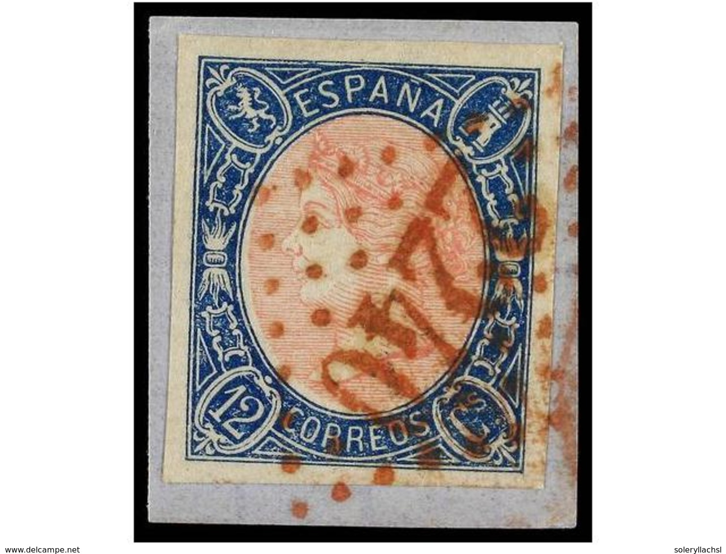 218 ESPAÑA. Ed.70. <B>12 Cuartos</B> Azul Y Rosa Sobre Pequeño Fragmento, Mat.<B> ROMBO DE PUNTOS</B> <B>'2240'</B> De M - Autres & Non Classés