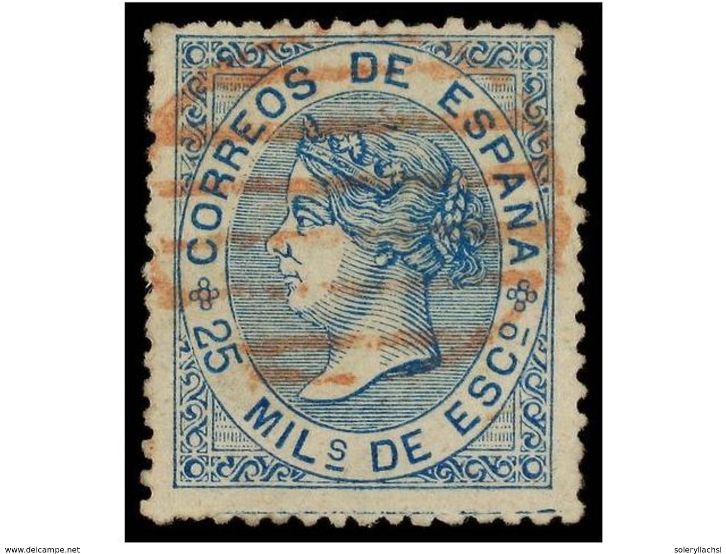 251 ° ESPAÑA. Ed.97. <B>25 Mils.</B> Azul, Mat. <B>PARRILLA ROJA.</B> MAGNÍFICO Y MUY RARO. Dictamen GRAUS. - Altri & Non Classificati