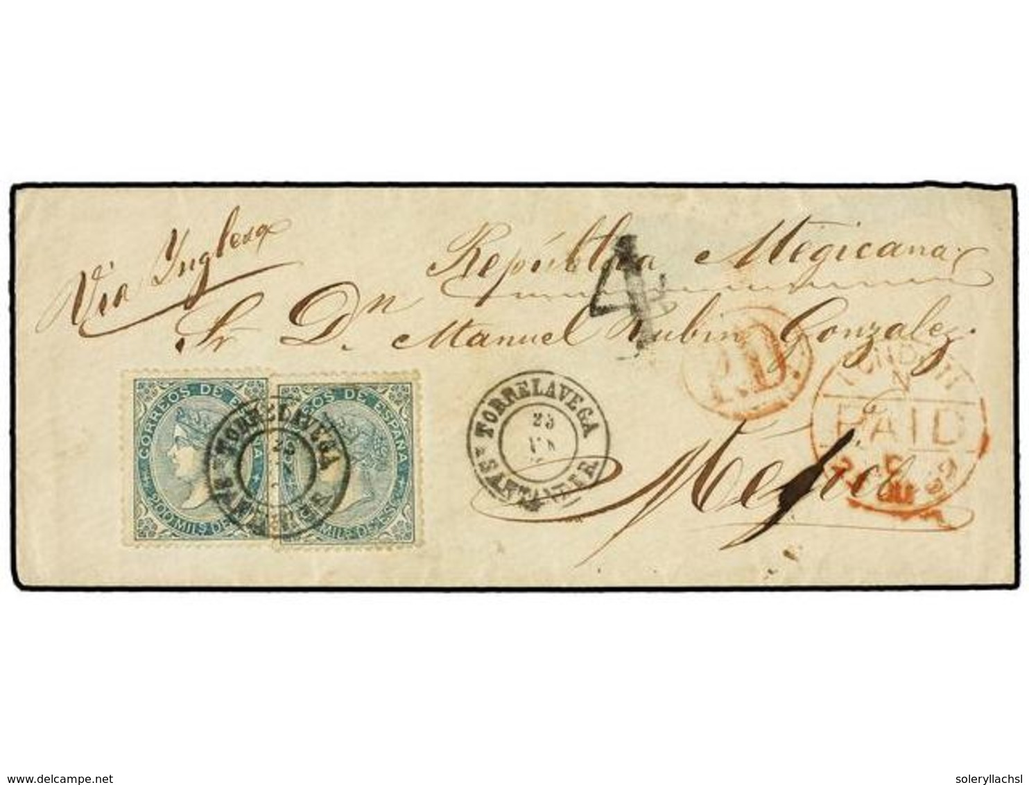 256 ESPAÑA. Ed.100 (2). 1869. TORRELAVEGA A MÉXICO. <B>200 Mils.</B> Verde (2), Mat. Fechador<B> TORRELAVEGA/SANTANDER.< - Sonstige & Ohne Zuordnung