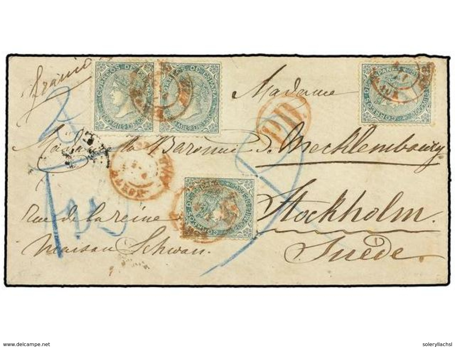 257 ESPAÑA. Ed.100 (4). 1869. MADRID A STOCKHOLM (Suecia).<B> 200 Mils.</B> Verde (4), Mat. Fechador<B> NORTE</B>/<B>AMB - Autres & Non Classés