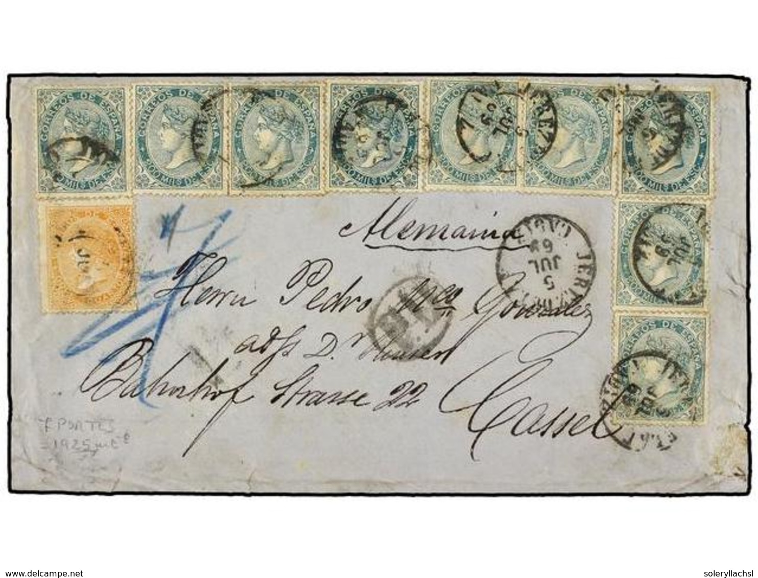 258 ESPAÑA. Ed.100 (9), 89. 1869. JEREZ A ALEMANIA.<B> 12 Cuartos</B> Naranja Y <B>200 Mils.</B> Verde (9), Mat. Fechado - Other & Unclassified