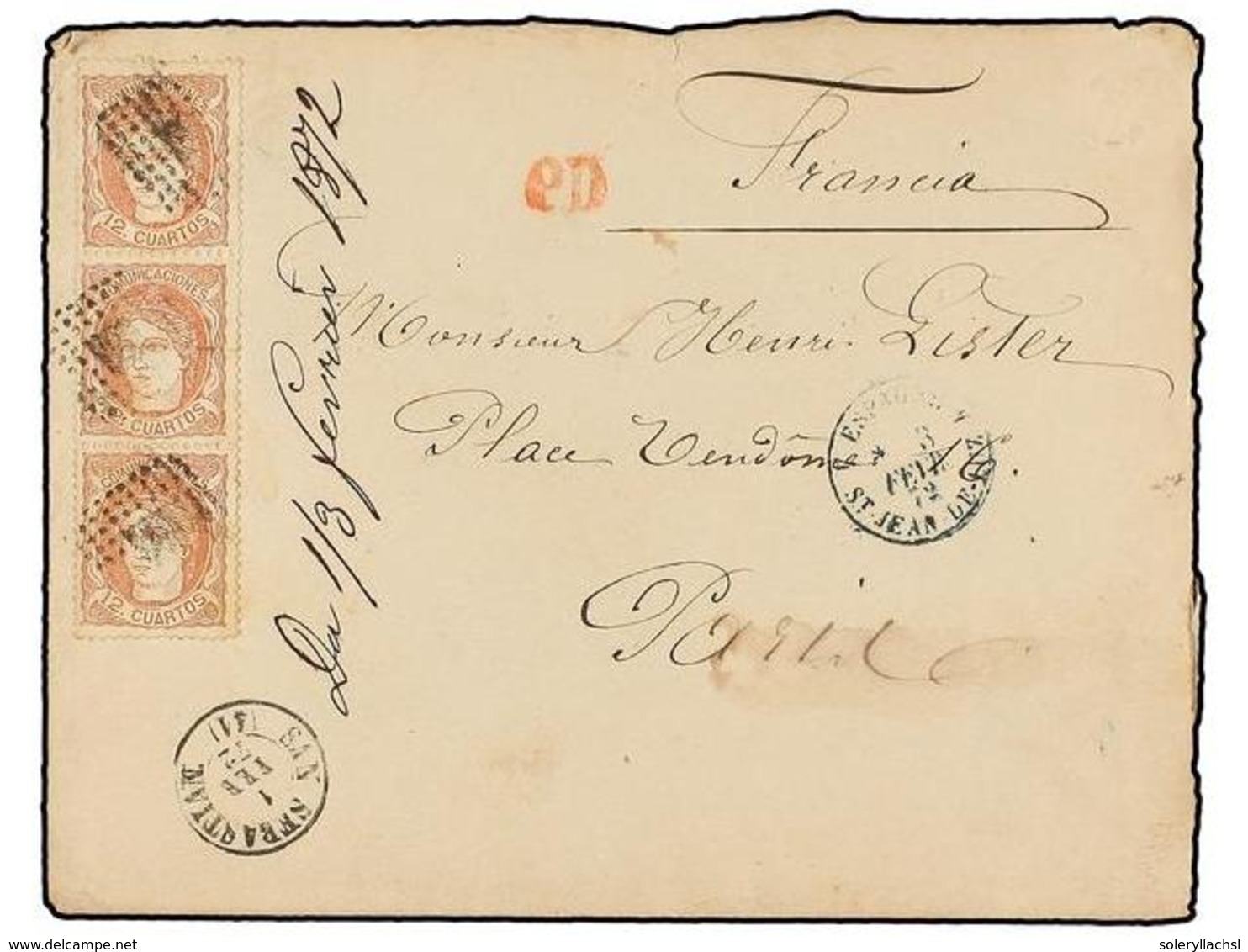 268 ESPAÑA. Ed.113 (3). 1872. S. SEBASTIAN A PARÍS. <B>12 Cuartos</B> Castaño, Tira De Tres. Precioso Y Raro Triple Port - Other & Unclassified