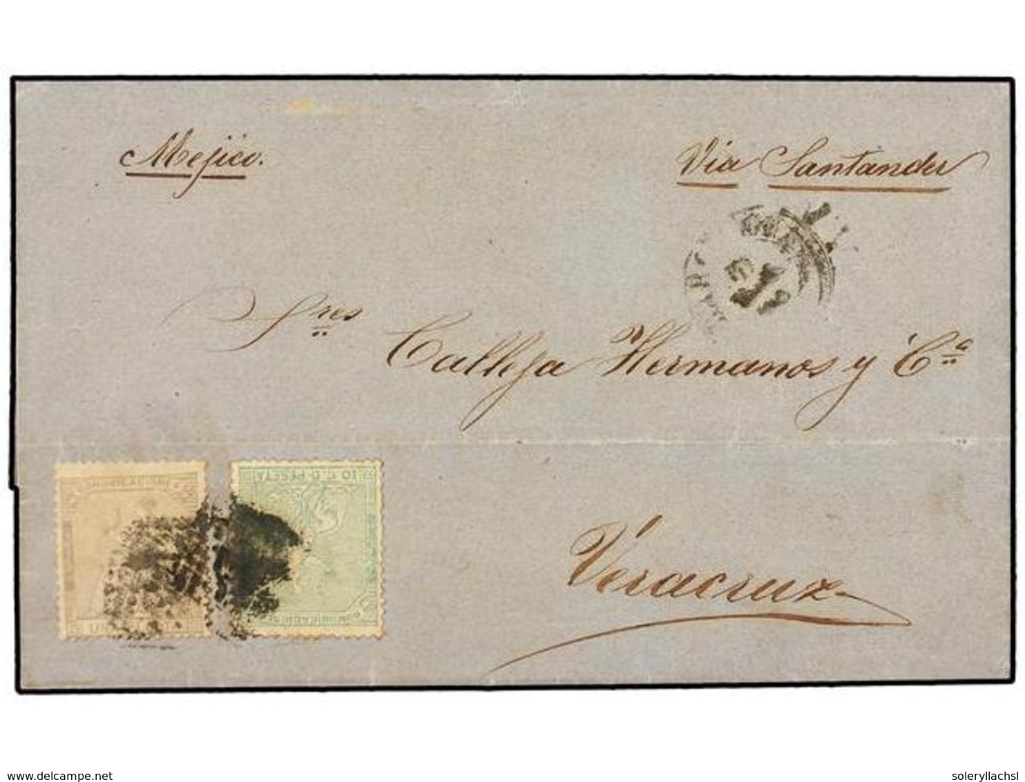 296 ESPAÑA. Ed.133, 138. 1874. BARCELONA A VERACRUZ. <B>10 Cts.</B> Verde Y <B>1 Pta.</B> Gris. Raro Franqueo. - Altri & Non Classificati