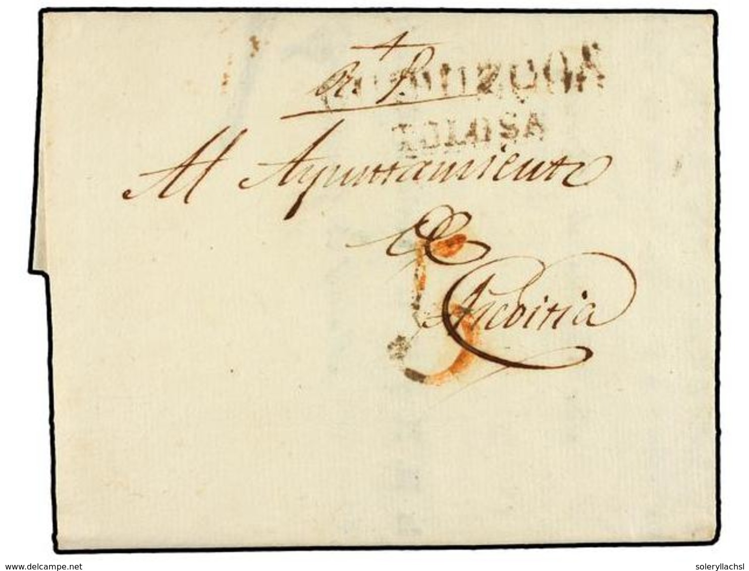 325 ESPAÑA. 1833. <B>CARLISTAS. </B>TOLOSA A AZCOITIA. Marca<B> GUIPUZCOA/TOLOSA</B> En Rojo Y Tasa De 5 Cuartos. - Altri & Non Classificati