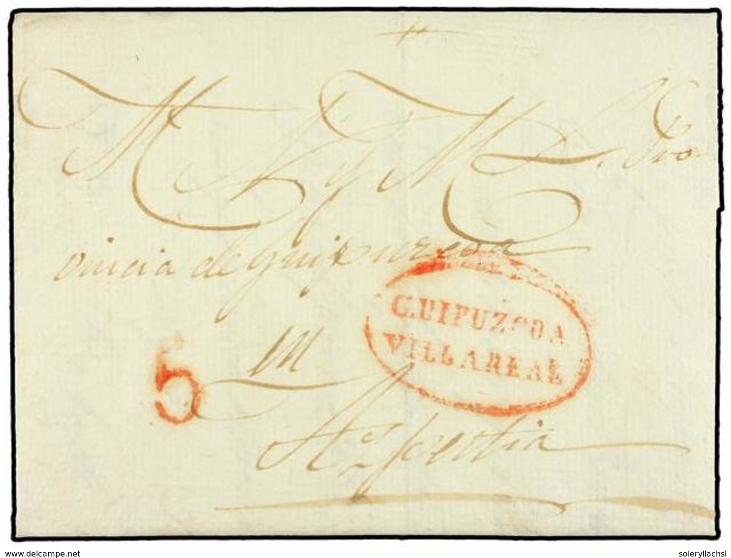 331 ESPAÑA. 1837. <B>CARLISTAS. </B>CEGAMA A AZPEITIA. Marca <B>GUIPUZCOA/VILLARREAL</B> En Rojo Y Tasa De 5 Cuartos. - Autres & Non Classés