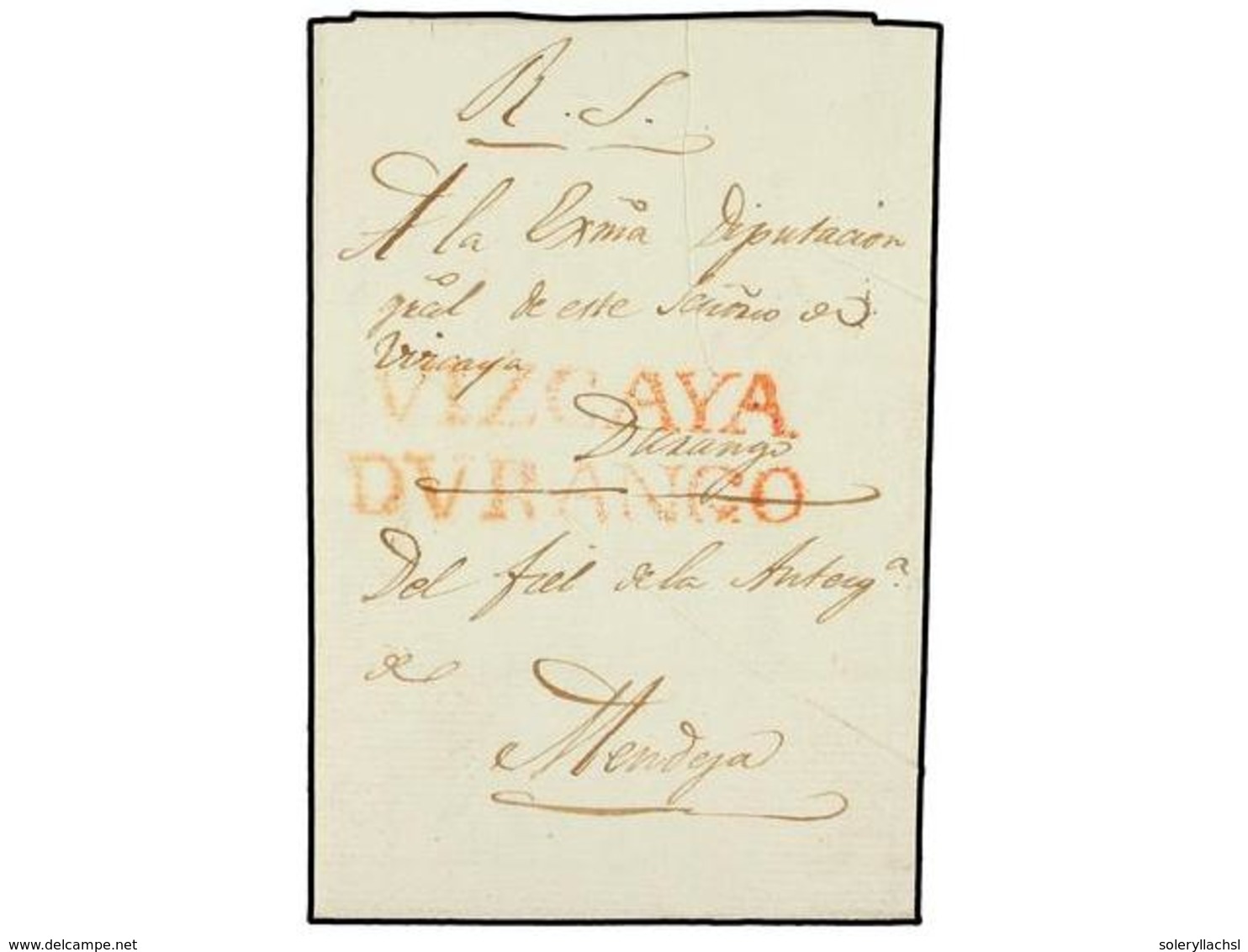 339 ESPAÑA. 1839. <B>CARLISTAS. </B>MENDEJA A DURANGO. Marca<B> VIZCAYA/DURANGO</B> En Rojo Y Tasa De 5 Cuartos. - Autres & Non Classés