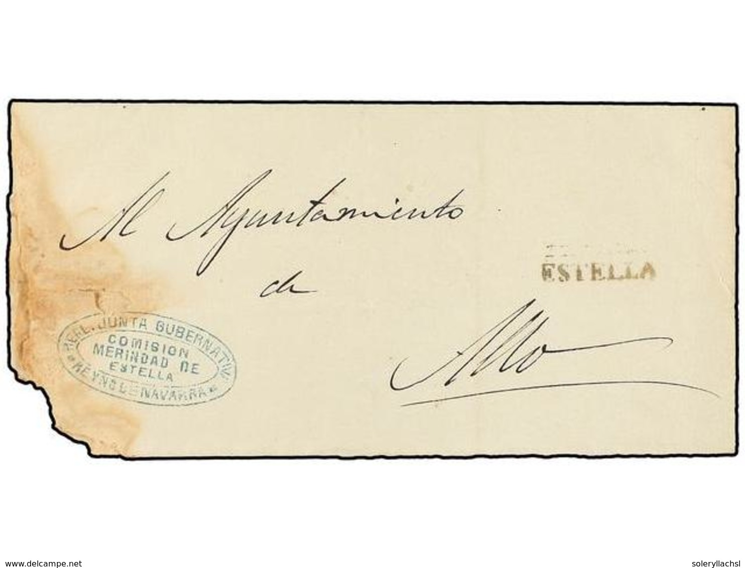 343 ESPAÑA. 1874. <B>CARLISTAS. </B>ESTELLA A ALLO. Marca Ovalada <B>COMISION MERINDAD DE ESTELLA/REYNO DE NAVARRA </B>y - Altri & Non Classificati