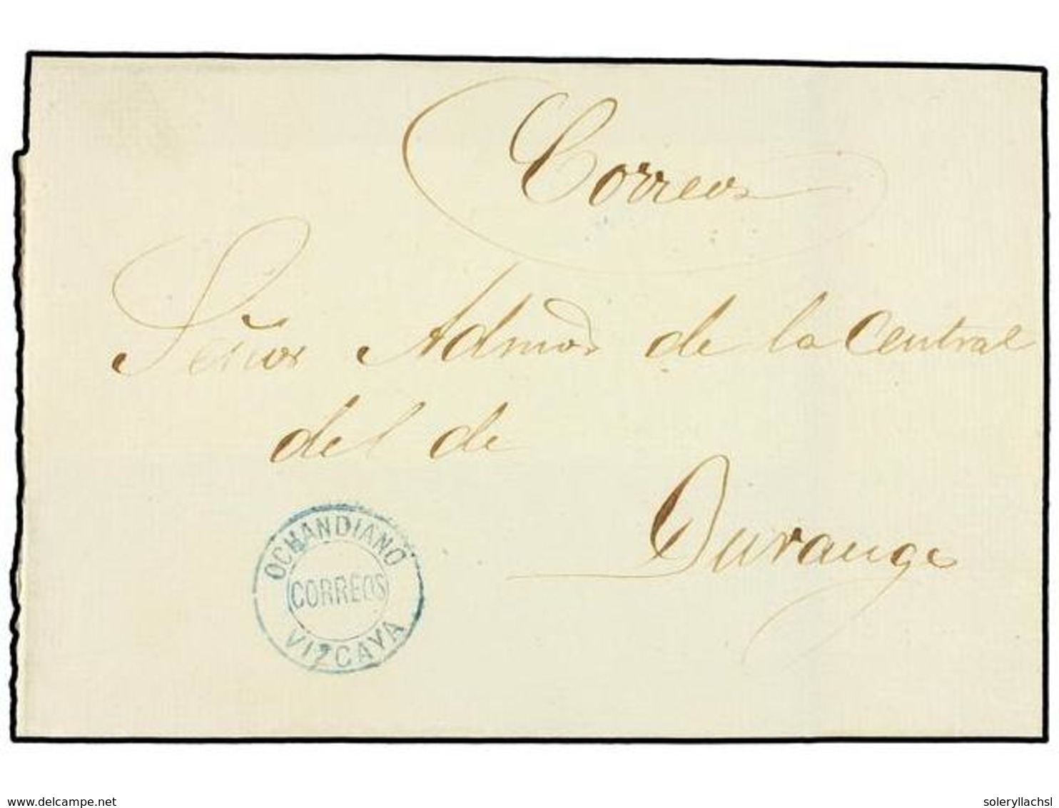 344 ESPAÑA. 1874. <B>CARLISTAS. </B>OCHANDIANO A DURANGO. Marca Tipo Cartería <B>OCHANDIANO/CORREOS/VIZCAYA</B>, Al Dors - Autres & Non Classés