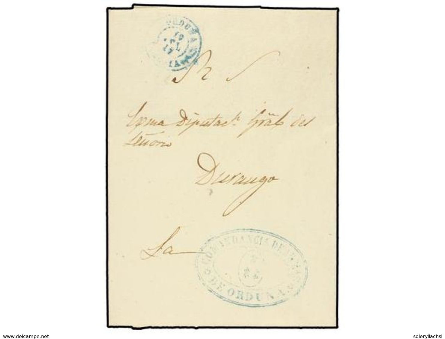 356 ESPAÑA. 1875. <B>CARLISTAS. </B>ORDUÑA A DURANGO. Marca<B> COMANDANCIA DE ARMAS/DE ORDUÑA</B> Y Fechador <B>ORDUÑA/V - Autres & Non Classés