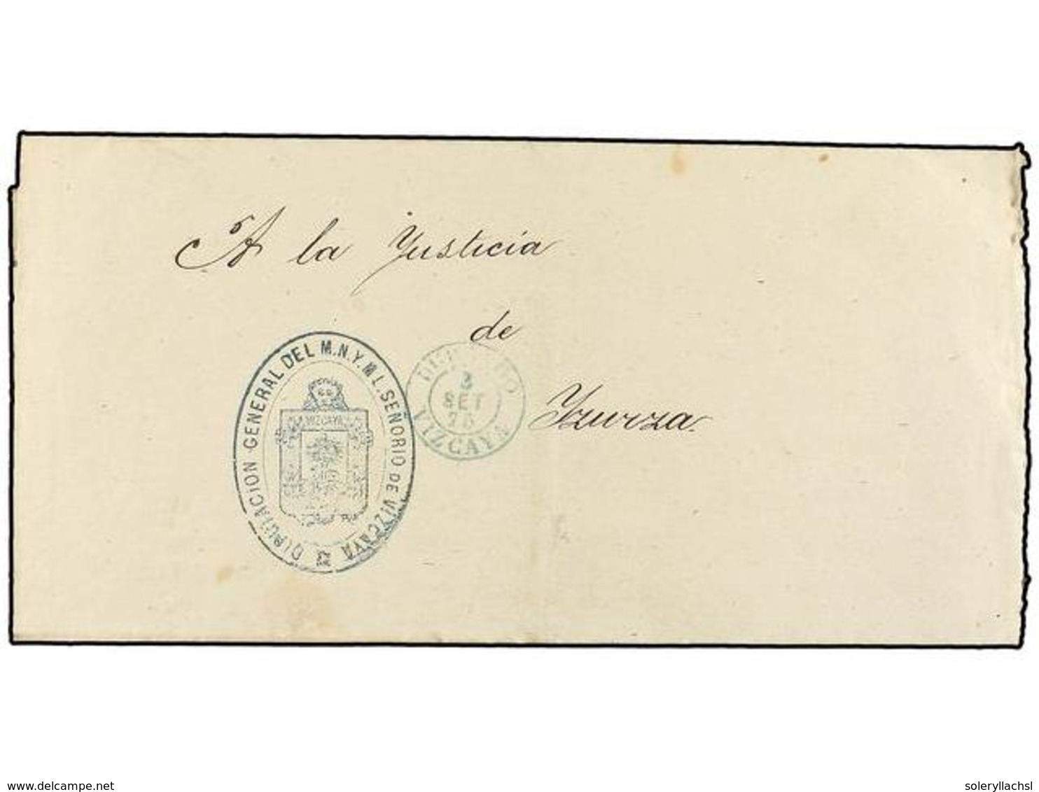 360 ESPAÑA. 1875. <B>CARLISTAS. </B>DURANGO A YZURZA. Marca <B>DIRECCION GENERAL DEL M.N.Y.M.L. SEÑORIO DE VIZCAYA</B> Y - Altri & Non Classificati