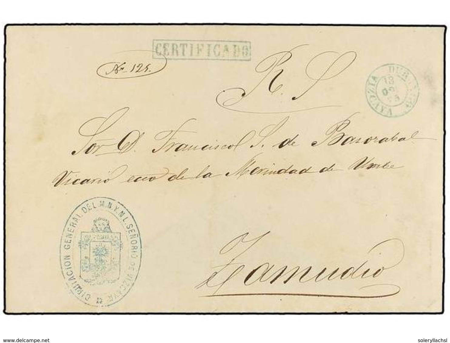 361 ESPAÑA. 1875. <B>CARLISTAS. </B>DURANGO A ZAMUDIO. Carta Certificada Circulada Con La Marca De Franquicia <B>DIPUTAC - Altri & Non Classificati