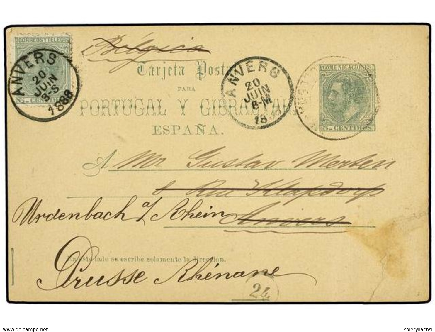 763 ESPAÑA ENTEROS POSTALES. Ed.13. 1888. BARCELONA A BÉLGICA Y Reexpedida A ALEMANIA. Entero Postal De <B>5 Cts.</B> Ve - Autres & Non Classés