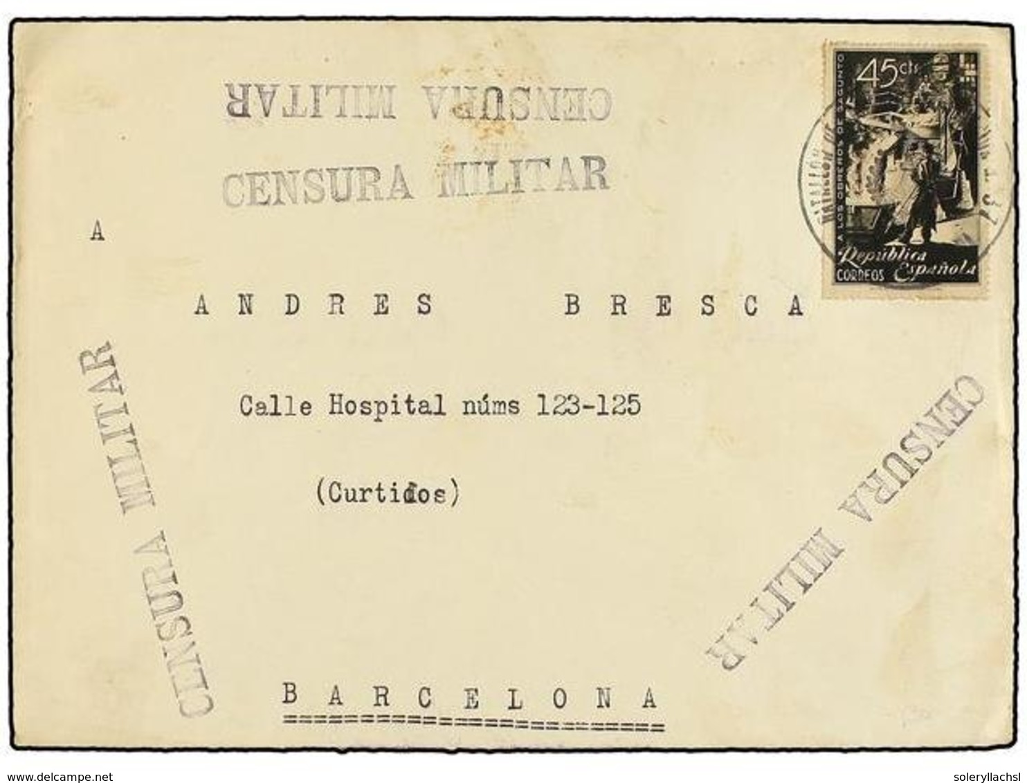777 ESPAÑA GUERRA CIVIL. (1937 CA.). Sobre Circulado Desde El Frente <B>45 Cts.</B> Negro, Mat. <B>BATALLON DE OBRAS </B - Autres & Non Classés