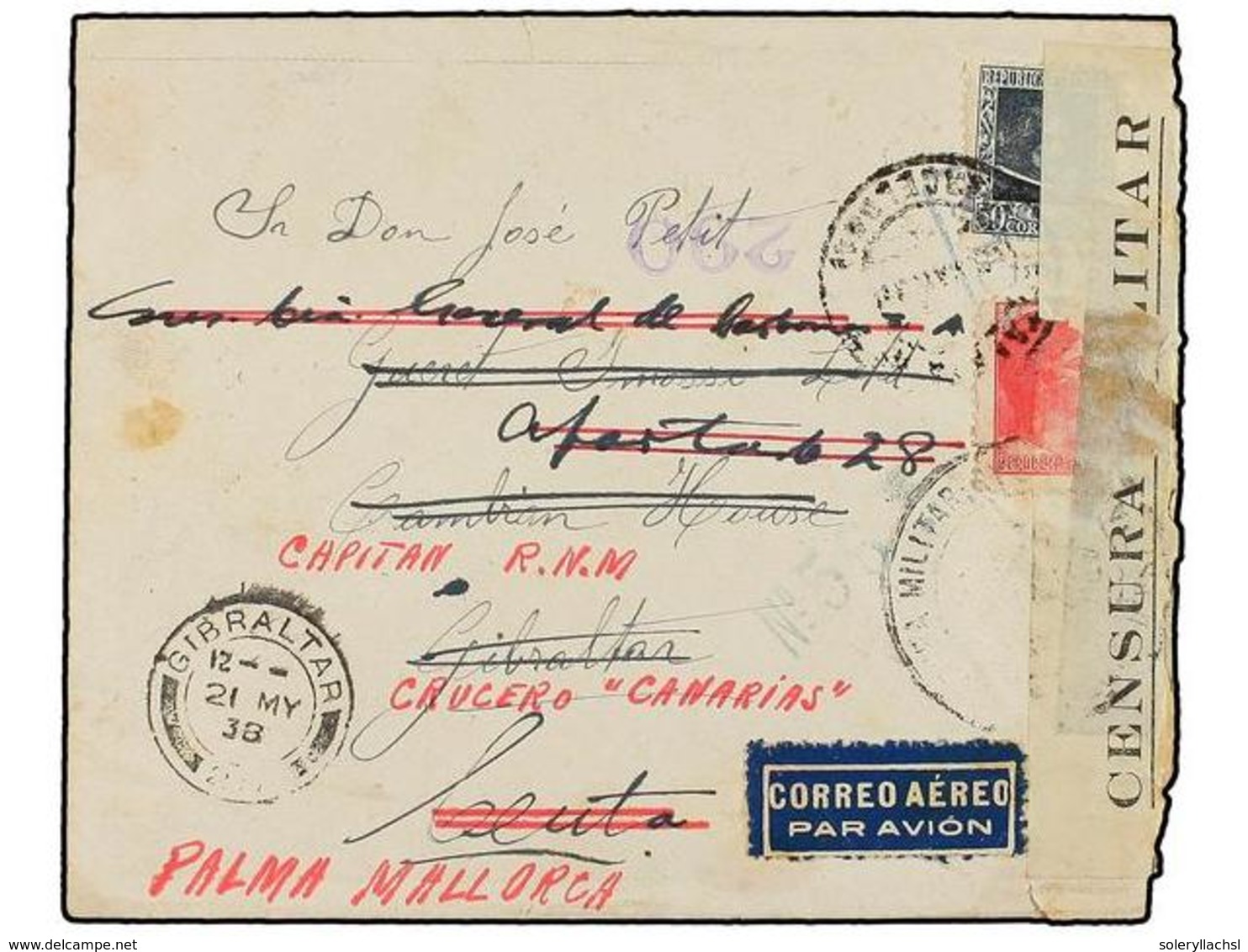 783 ESPAÑA GUERRA CIVIL. 1938. BARCELONA A GIBRALTAR. <B>50 Cts.</B> Y <B>40 Cts.</B> Redirigido Al Capitan Del Crucero  - Altri & Non Classificati