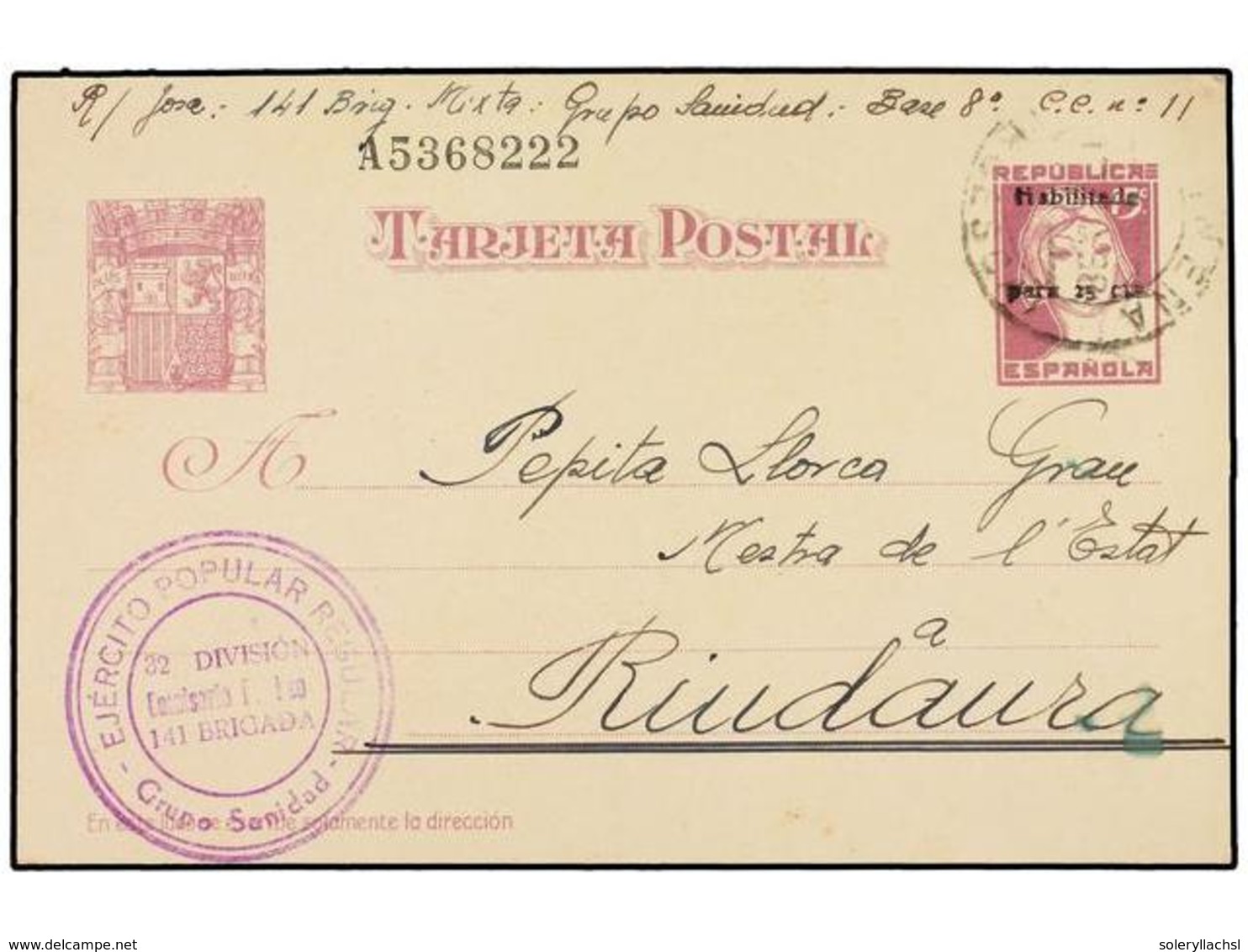 788 ESPAÑA GUERRA CIVIL. 1938. VICIEN (Huesca) A RIUDAURA. Entero Postal De <B>25 Cts. S. 15 Cts.</B> Lila, Mat. De <B>S - Altri & Non Classificati