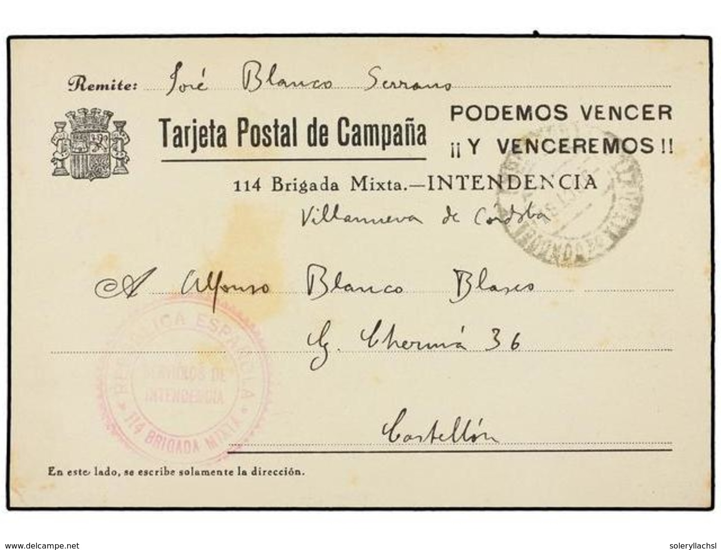 789 ESPAÑA GUERRA CIVIL. 1937. VILLANUEVA DE CORDOBA A CASTELLÓN. Tarjeta Postal De Campaña De La 114 Brigada Mixta. Mar - Autres & Non Classés