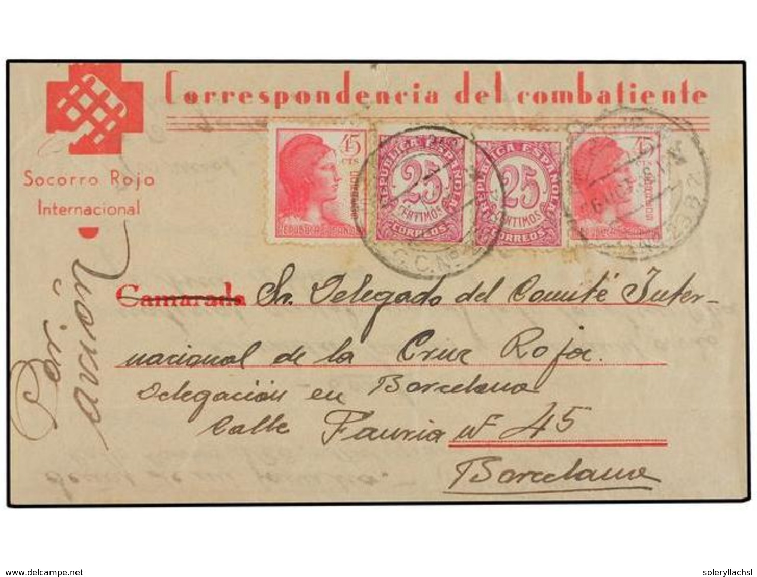 794 ESPAÑA GUERRA CIVIL. 1938. Sobre Carta Del S.R.I. Escrito Desde El Frente (Granada-Almería) Con Franqueo De <B>25 Ct - Altri & Non Classificati