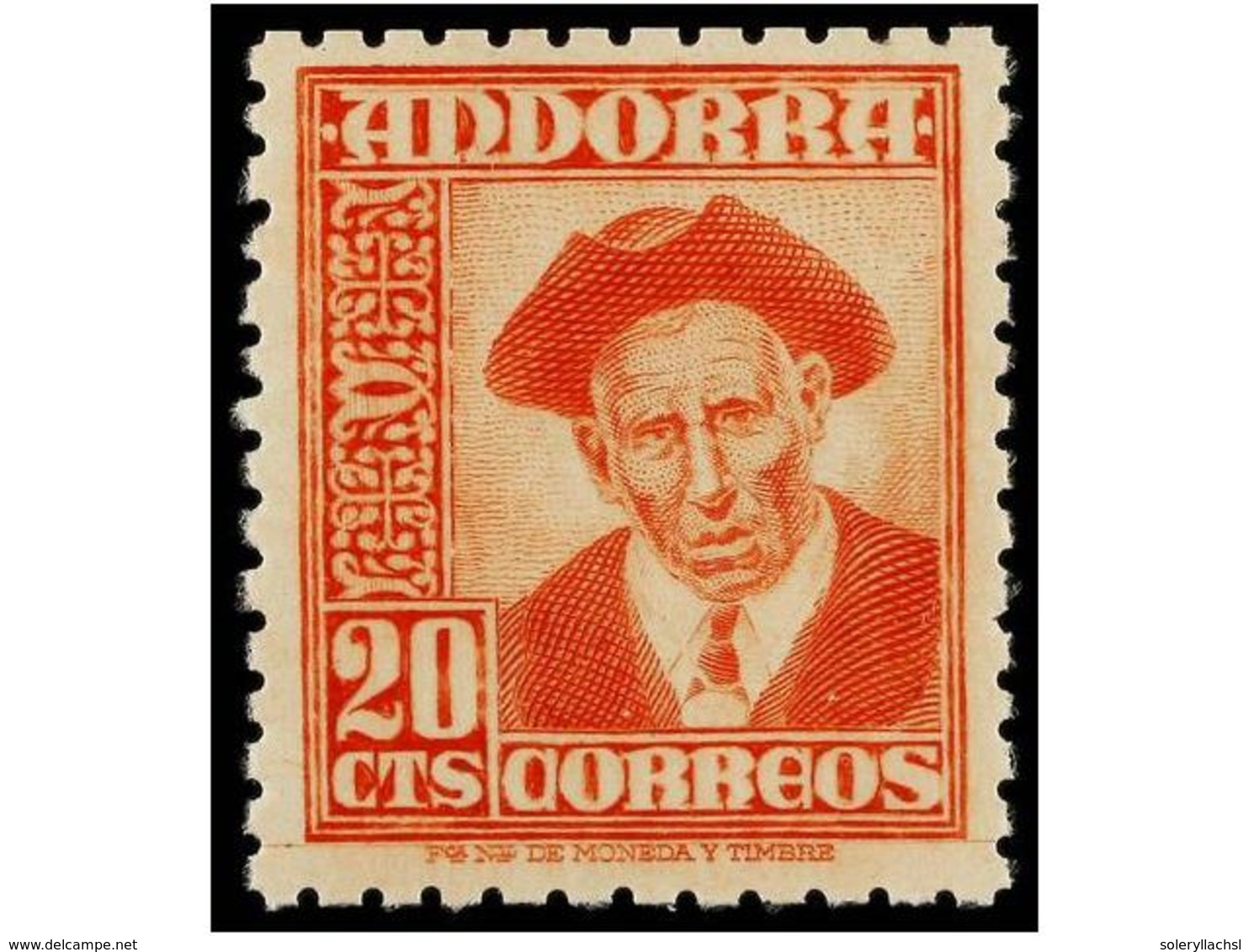 826 ** ANDORRA. Ed.48ec. <B>20 Cts.</B> Bermellón.<B> ERROR DE COLOR.</B> MAGNÍFICO Y MUY RARO. Cat. 625?. - Autres & Non Classés