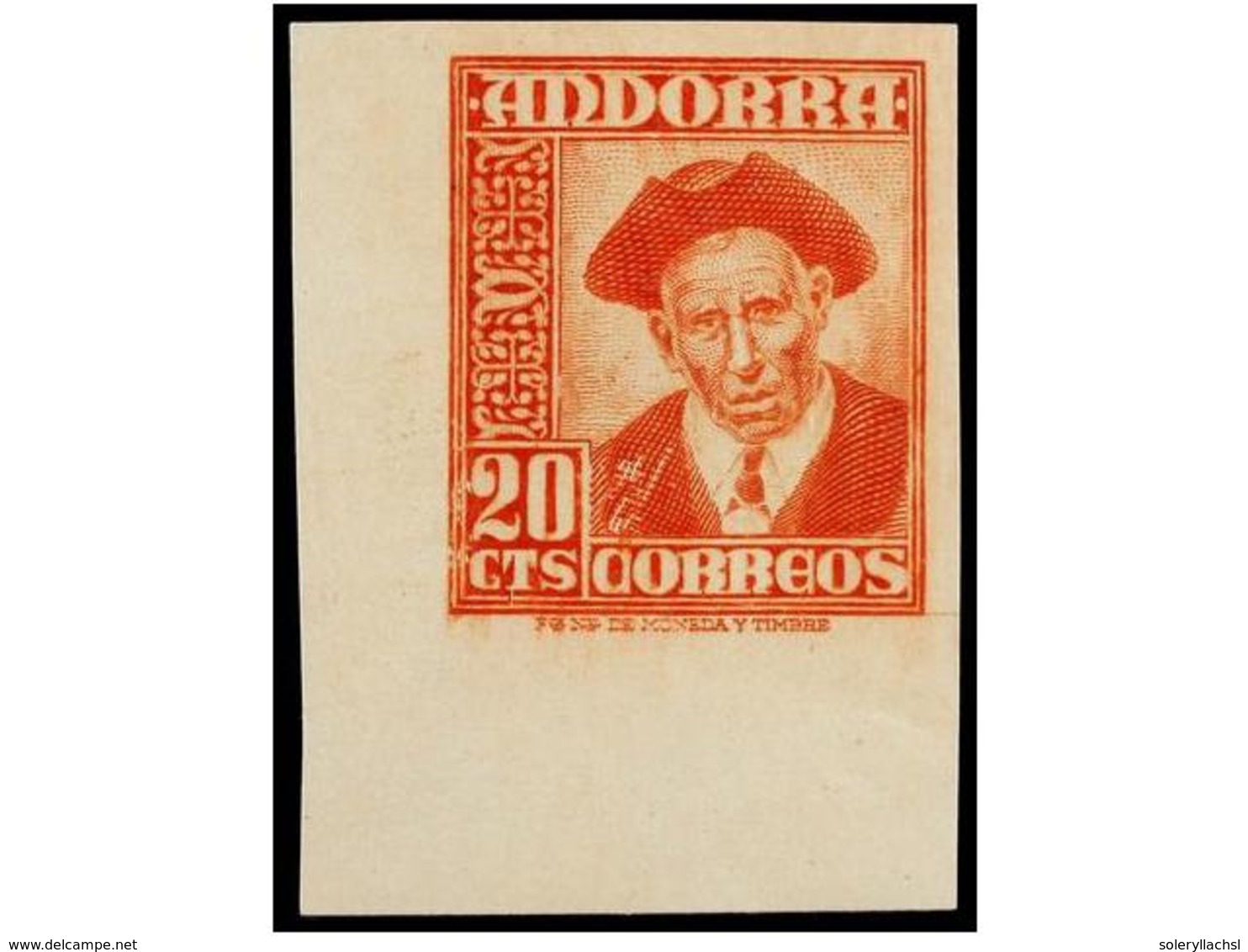 827 ** COLONIAS ESPAÑOLAS: ANDORRA. Ed.48ecs. <B>20 Cts.</B> Bermellón <B>ERROR DE COLOR.</B> MAGNÍFICO Y MUY RARO.<BR>  - Autres & Non Classés