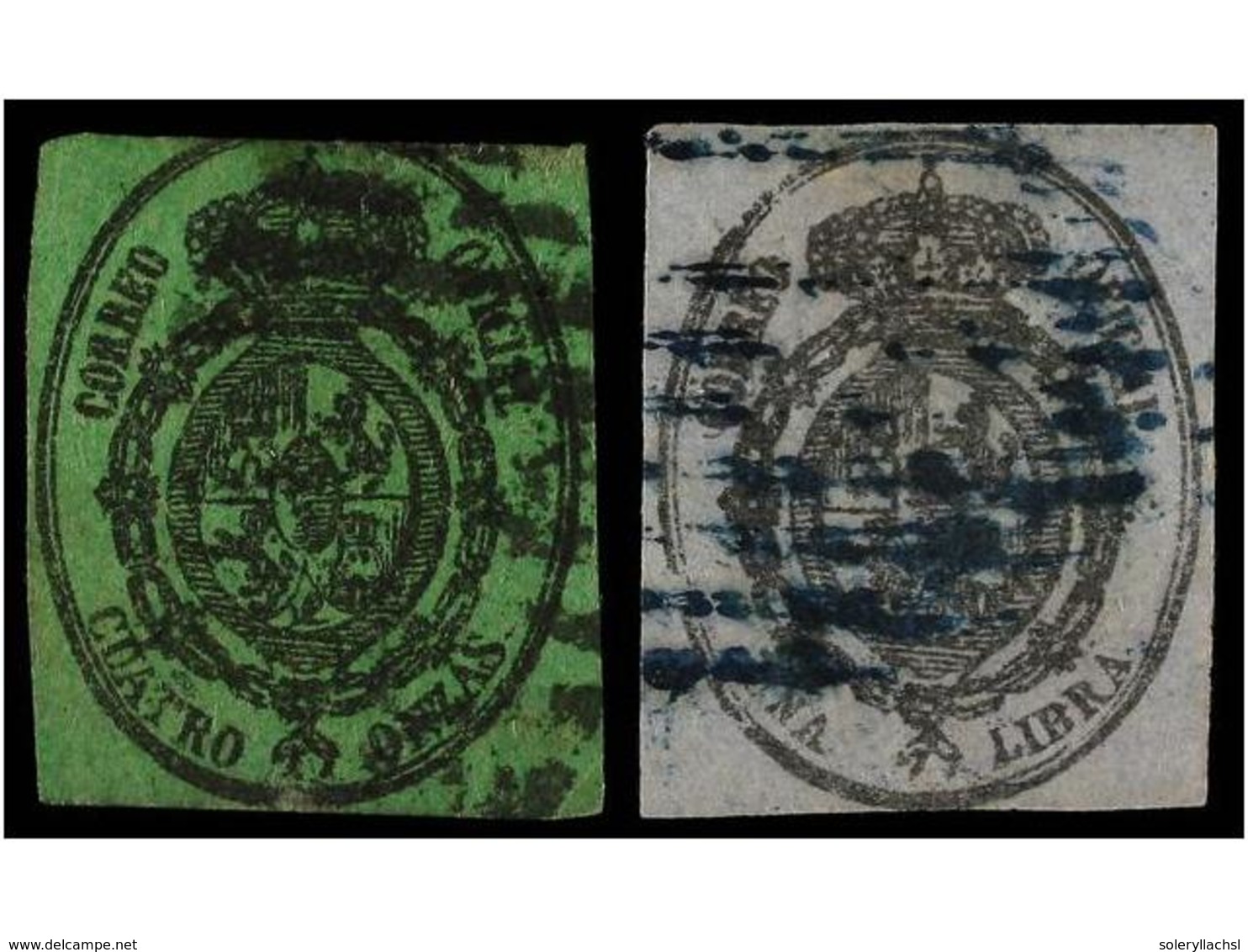 843 ° CUBA. Ed.8 Y 9. <B>4 Onzas</B> Verde Y <B>1 Libra</B> Azul<B> LITOGRAFIADOS DE LA HABANA</B>, Mat. <B>PARRILLAS DE - Autres & Non Classés