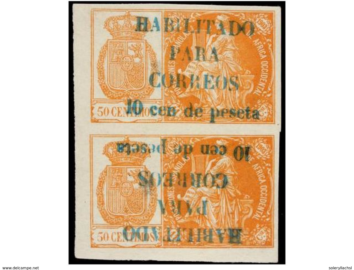 858 * COLONIAS ESPAÑOLAS: GUINEA. Ed.26F + 26Fi. <B>10 Cts. S. 50 Cents.</B> Naranja. Pareja Vertical Habilitación En Az - Autres & Non Classés