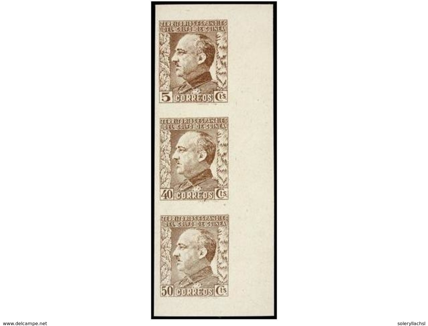 867 COLONIAS ESPAÑOLAS: GUINEA. Ed.260/62. <B>ENSAYO DE PLANCHA. 5 + 40 + 50 Cts.</B> Castaño En Tira Vertical Sobre Pap - Autres & Non Classés