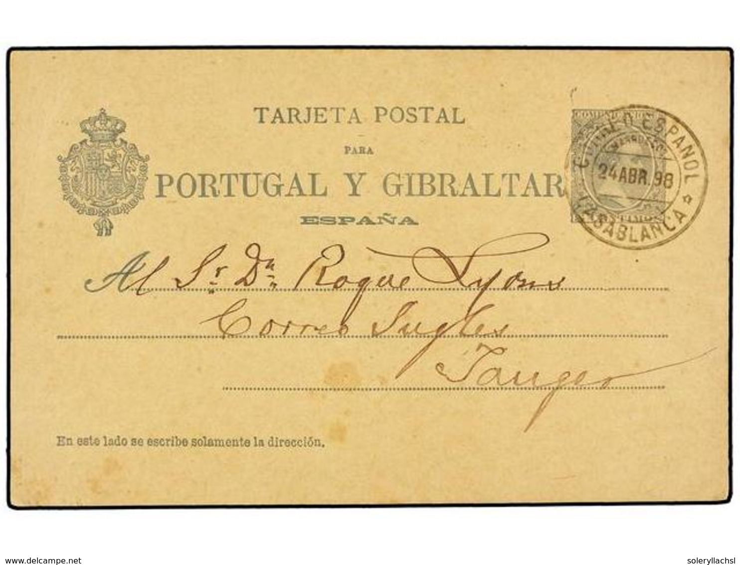 877 MARRUECOS. 1898. CASABLANCA A TANGER. Entero Postal De <B>5 Cts.</B> Verde, Mat.<B> CORREO ESPAÑOL/CASABLANCA</B>. M - Other & Unclassified