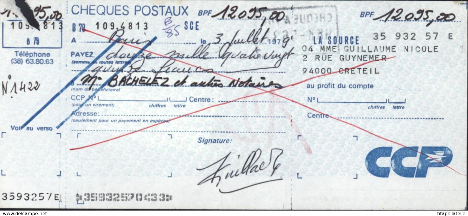 France Chèques Postaux Chèque Postal Chèque à Vue CCP CAD Rouge Paris Chèques Postaux Sur YT AE 46 Du 3 7 79 - Cheques & Traveler's Cheques