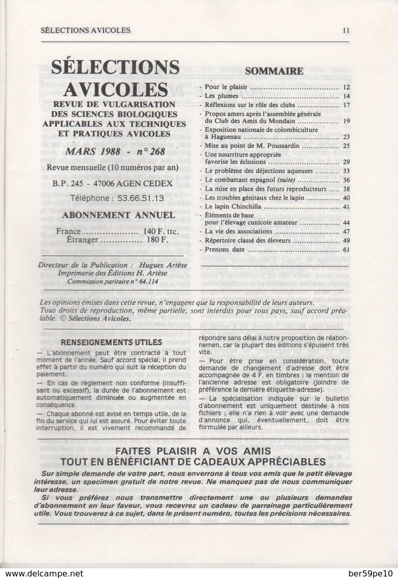 SELECTIONS AVICOLES AVICULTURE COLOMBICULTURE CUNICULTURE MARS 1988 N° 268 - Animals