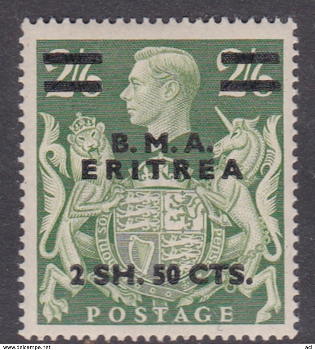 Italy-British Occupation B.M.A.Eritrea Sassone 11 1948 King George VI 2 SH.50 Cts On 2.6 SH. Green Yellow, Mint Hinged - British Occ. MEF