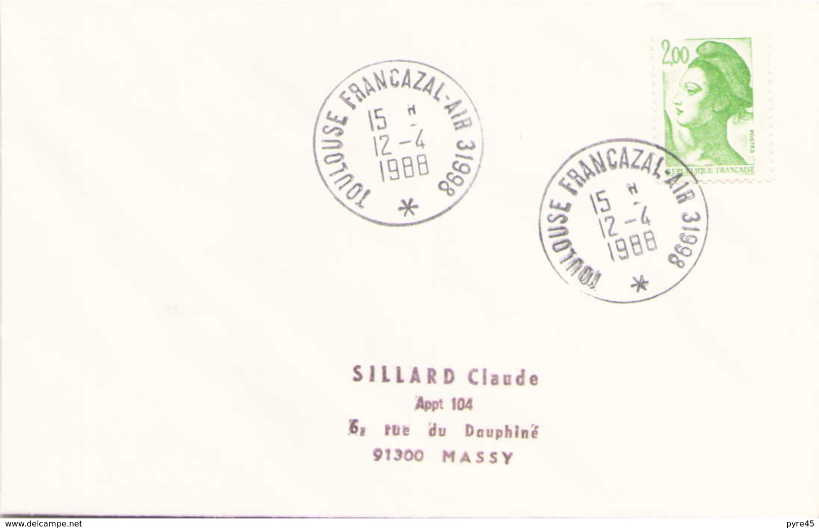 Enveloppe Du 12 Avril 1988 De Toulouse Francazal Air Pour Massy - Military Postmarks From 1900 (out Of Wars Periods)