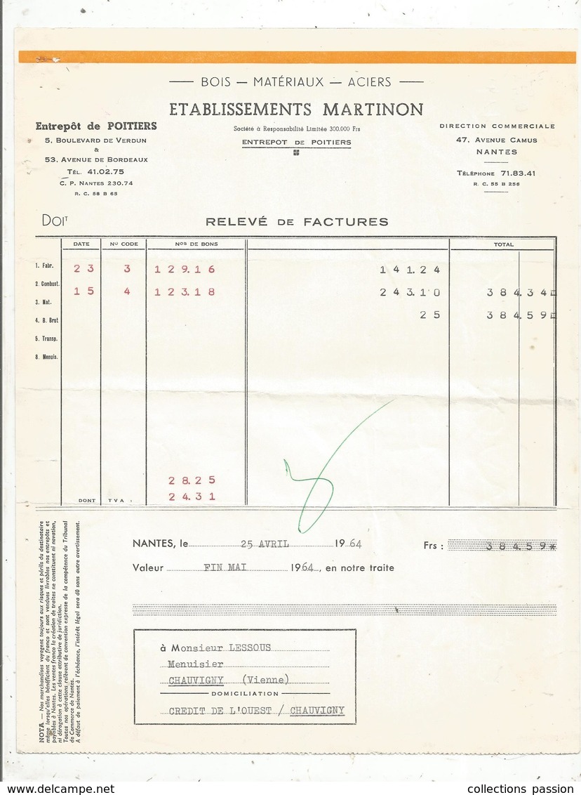 Facture , Relevé , Etablissement MARTINON ,entrepot De POITIERS , NANTES ,1964 , Bois , Aciers, Frais Fr 1.45 E - 1950 - ...