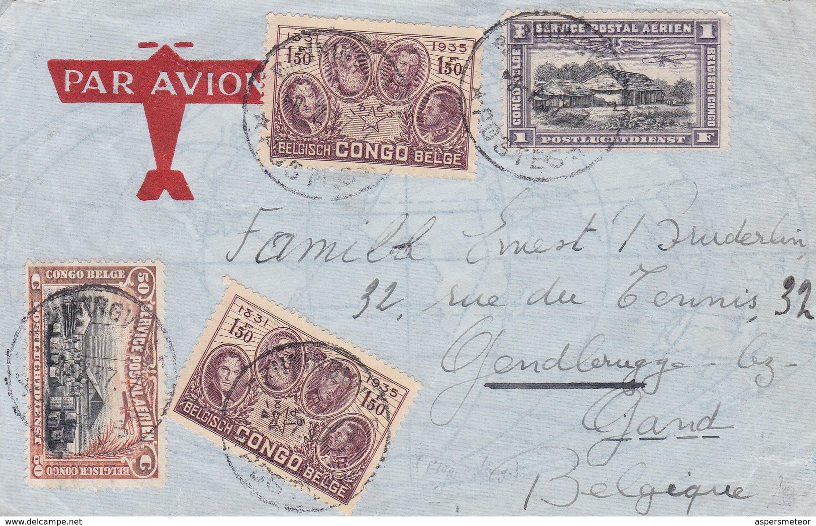 AIRMAIL 1937 CIRCULEE CONGO TO GAND(BELGIQUE) VIA BRUSSEL.-BLEUP - Covers & Documents