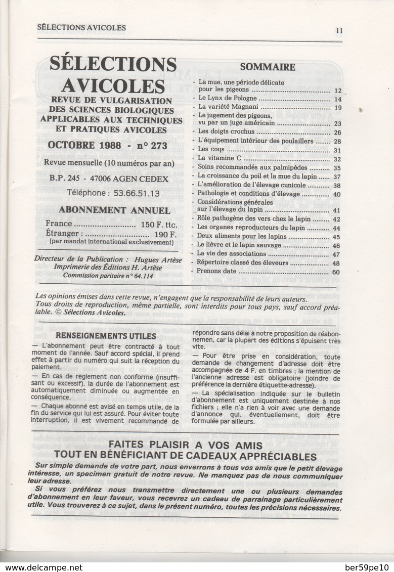 SELECTIONS AVICOLES AVICULTURE COLOMBICULTURE CUNICULTURE OCTOBRE 1988 N° 273 - Animals