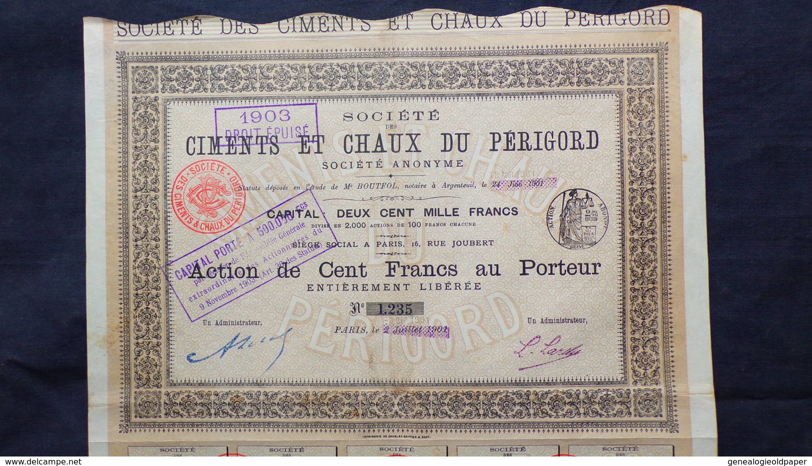 75- PARIS-24- DORDOGNE -RARE ACTION CENT FRANCS AU PORTEUR-1901-CIMENTS CHAUX PERIGORD- BOUTFOL ARGENTEUIL-CIMENT - Industrie