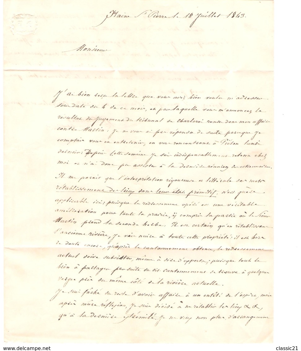 LAC écrit De Haine  St.Pierre Boîte H SR Encadré Service Rural C.Binche 19/7/1843 V.Fontaine L'Evêque 1888 - 1830-1849 (Belgique Indépendante)