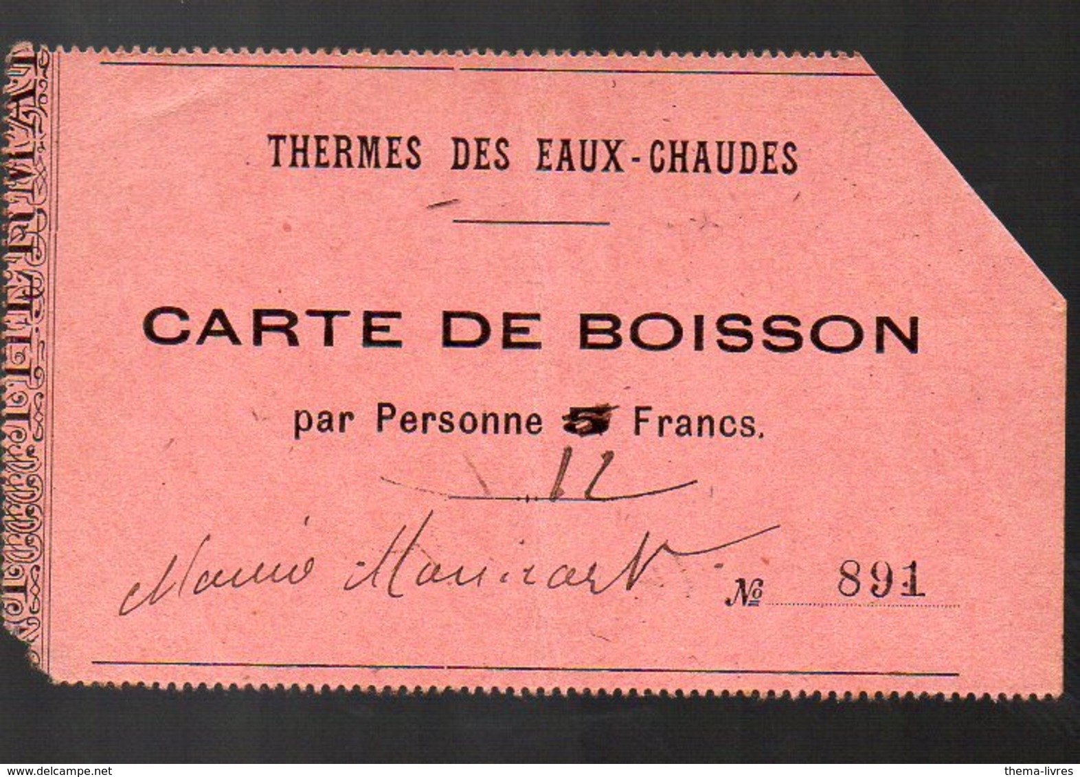 Eaux-Chaudes (65 Hautes Pyrénées) Carte De Boisson (thermes) (PPP12890) - Non Classés