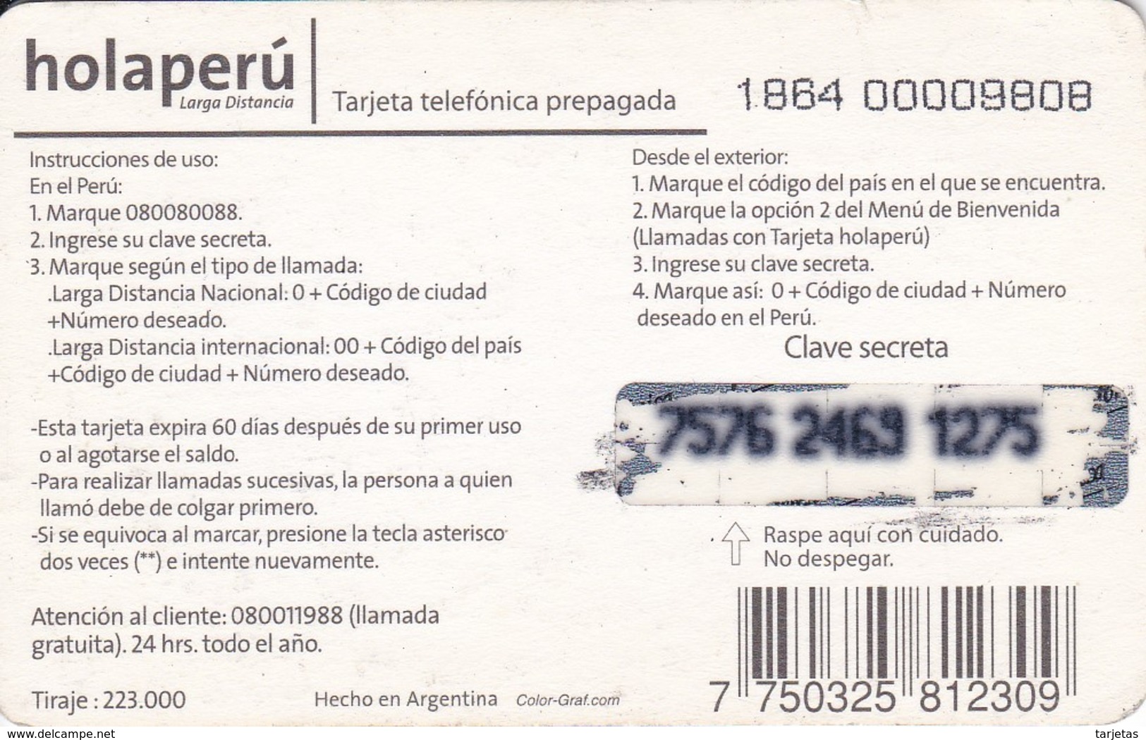 TARJETA DE PERU DE TELEFONICA HOLAPERU DE 10 + 3 SOLES DE TIRADA 223000 - Perú