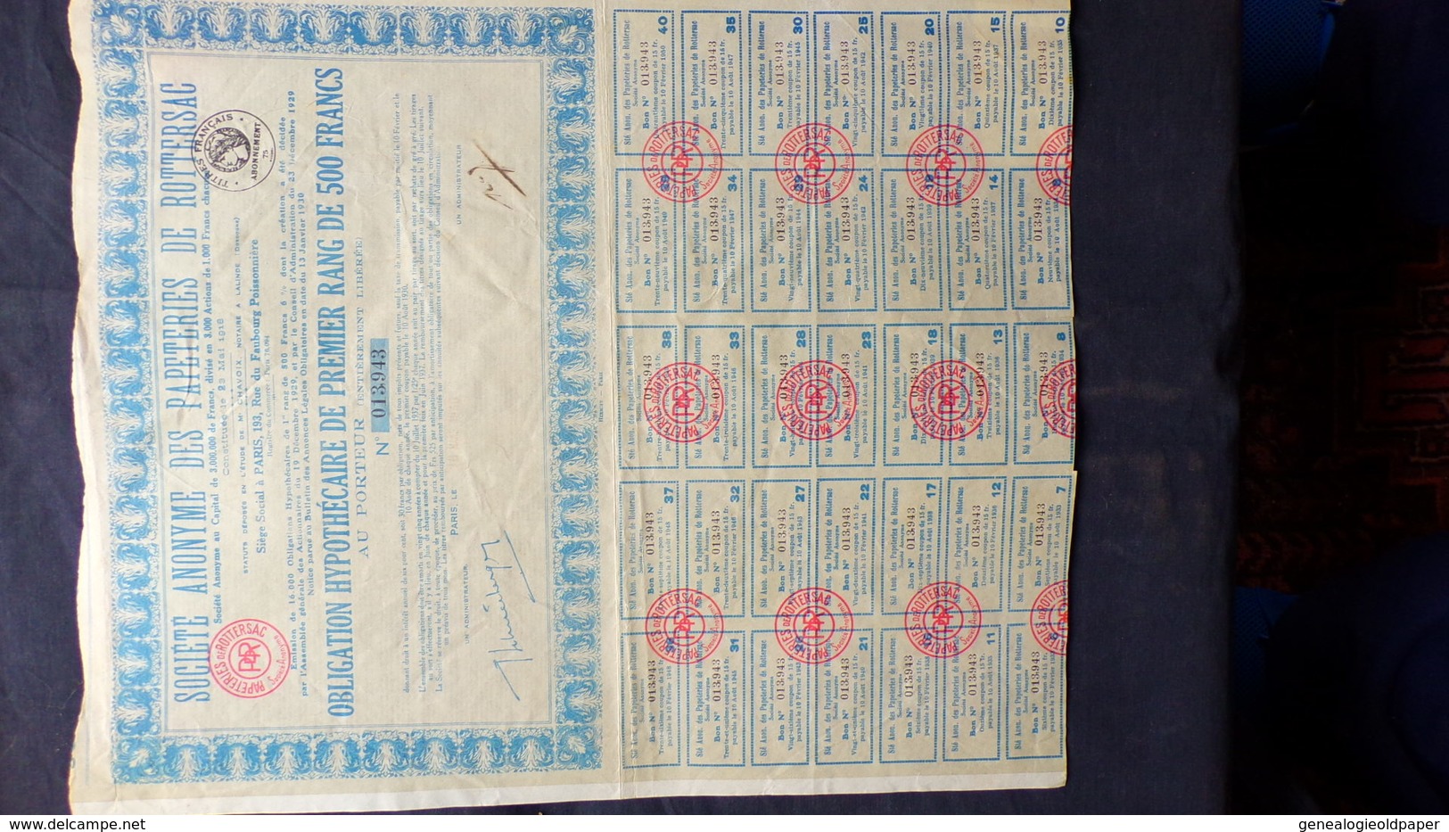 75- PARIS-24- DORDOGNE-RARE OBLIGATION HYPOTHECAIRE PAPETERIES ROTTERSAC 500 FRANCS-M. CHAVOIX NOTAIRE A LALINDE - Industrie