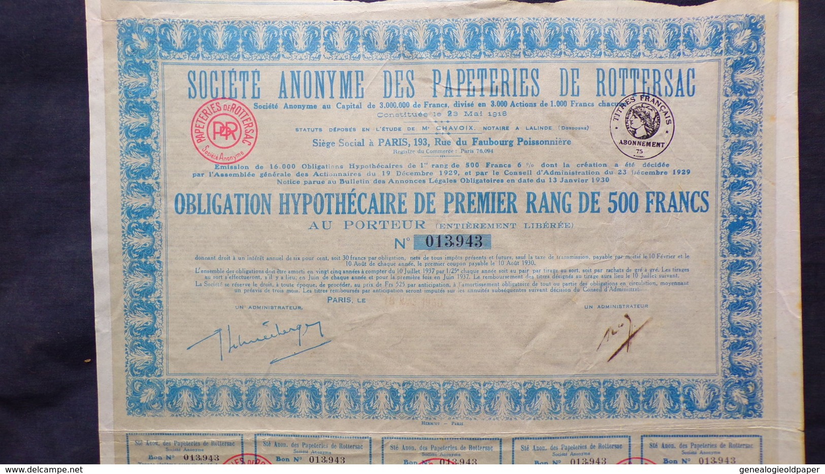 75- PARIS-24- DORDOGNE-RARE OBLIGATION HYPOTHECAIRE PAPETERIES ROTTERSAC 500 FRANCS-M. CHAVOIX NOTAIRE A LALINDE - Industrie