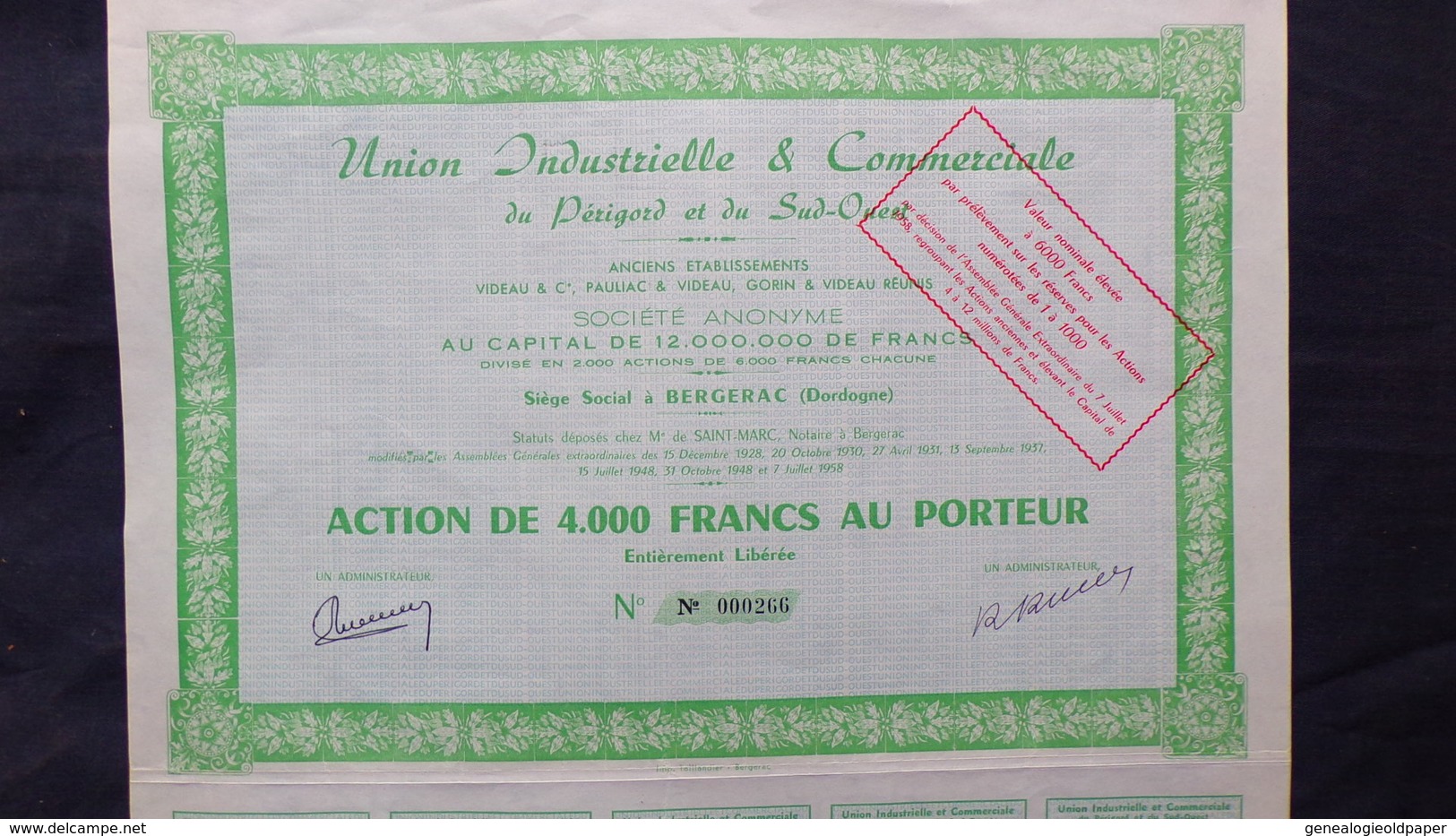 24- BERGERAC- RARE ACTION DE 4000 FRANCS AU PORTEUR-UNION INDUSTRIELLE COMMERCIALE DU PRIGORD -VIDEAU-PAULIAC-GORIN-1928 - Industry